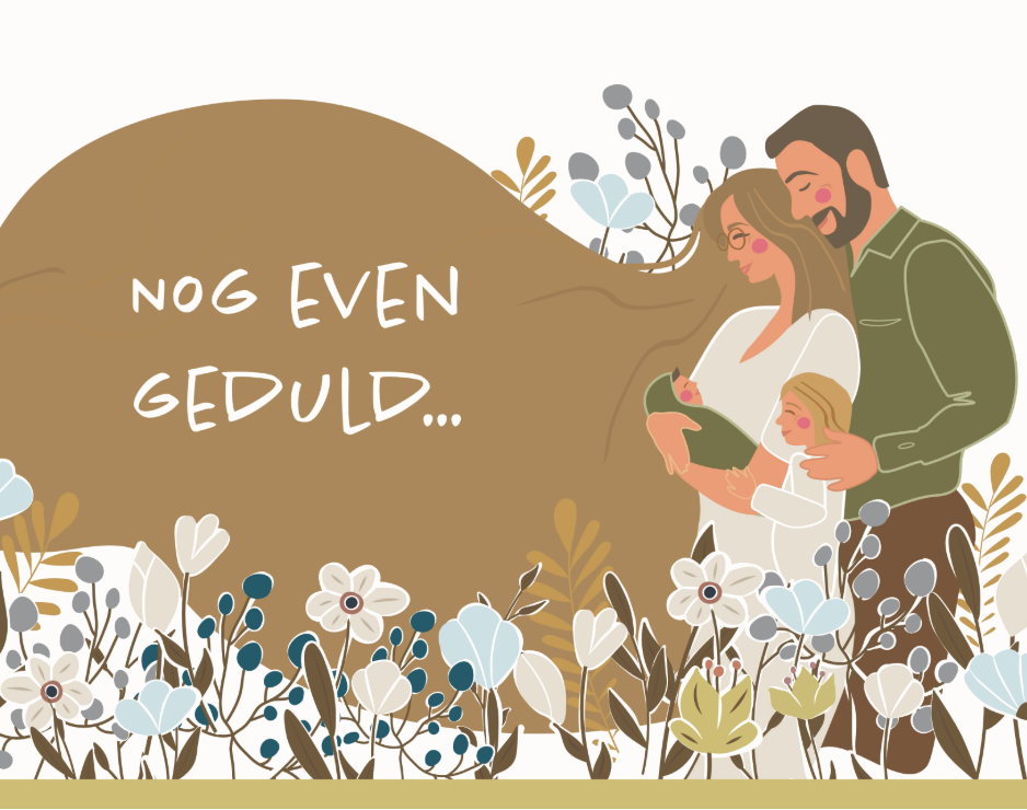 Baby Moons II — nog even geduld. Illustratie van een gezin in een bloemenveld.